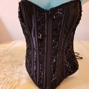Corsage Corset Bustier Black Sequin Front Zipper